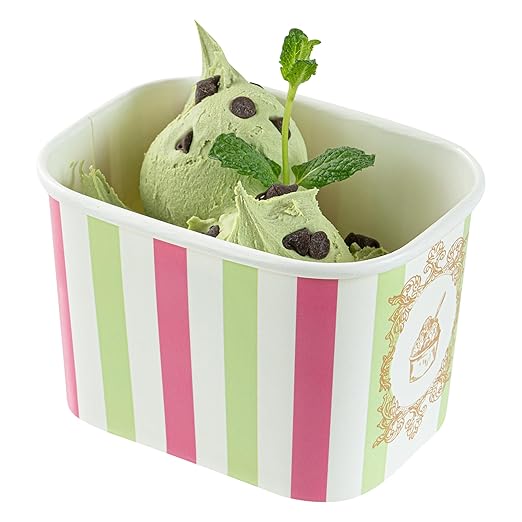 Restaurantware Paper Cups 50 Count 12 Ounce Square Disposable Ice Cream Containers, Leak-Resistant Paper Dessert To Go Cups, Hot And Cold Food, Durable Green And Pink Stripe Design