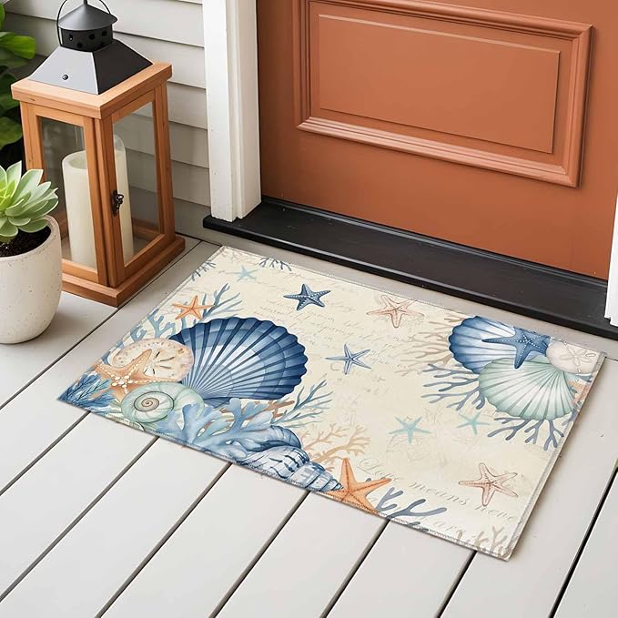 Area Rug 2x3ft, Summer Blue Shells Starfish Washable Rugs for Living Room Bedroom, Vintage Coral Shells Fish Soft Non-Slip Area Rugs Rectangle Floor Carpet for Dining Room