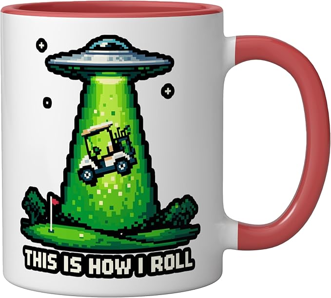This Is How I Roll Golf UFO Abduction Funny Pixel Art Ceramic Mug, Red/White