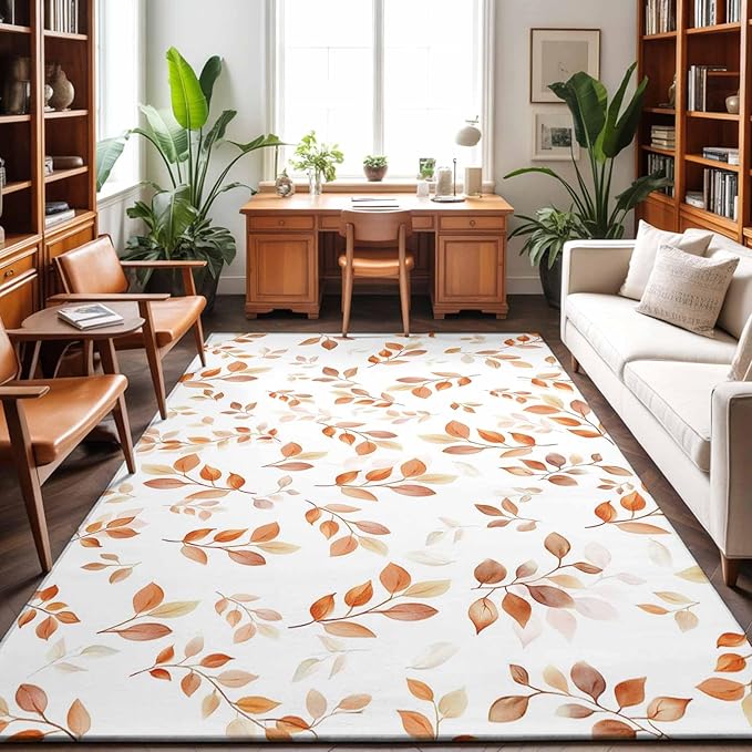 Area Rug 9x12ft, Autumn Orange Leaf Botanical Washable Rugs for Living Room Bedroom Rectangle Floor Carpet, Abstract Vine Pattern Soft Non-Slip Area Rugs for Dining Room