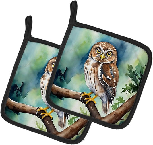 Caroline's Treasures Northern Pygmy Owl Pair of Pot Holders Kitchen Heat Resistant Pot Holders Sets Oven Hot Pads for Cooking Baking BBQ, 7 1/2 x 7 1/2