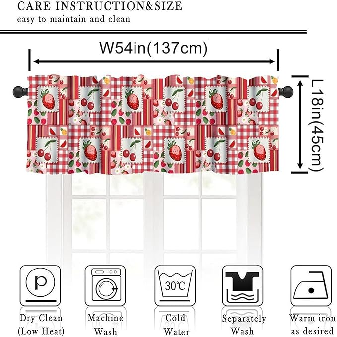 Fruit Patchwork Curtain Valance, Red Strawberry Cherry Buffalo Plaid Short Rod Pocket Window Treatment for Kitchen Dining Bedroom Living Room Resturant Cafe Home Decor, 54x18Inch
