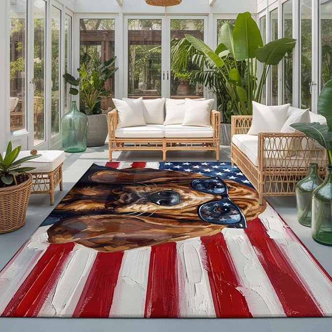 Area Rug 3x5ft, Independence Day USA Flag Washable Rugs for Living Room Bedroom, Basset Hound Patriotic Sunglasses Soft Non-Slip Area Rugs Rectangle Floor Carpet for Dining Room