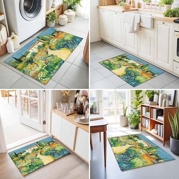 Area Rug 2x3ft, Pastoral Floral Pink Yellow Flower Green Leaves Washable Rugs for Living Room Bedroom, Farm Plants Soft Non-Slip Area Rugs Rectangle Floor Carpet for Dining Room