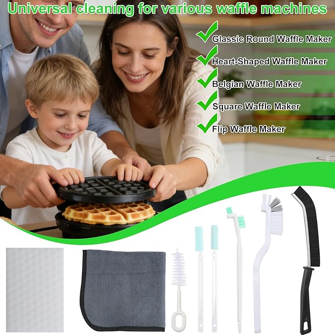8- Piece Waffle Makers Clean Brush Kit: Different - Sized Brushes Reach Every Crevice, Towels for Spotless Shine & Sponges to Absorb Debris Instantly. Works with All Waffle Maker Models.