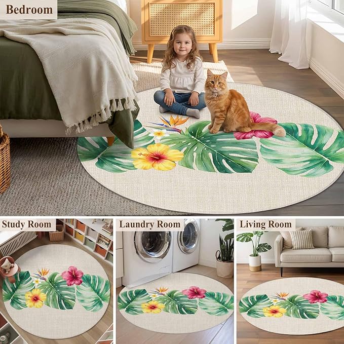 Washable Round Area Rug Country Monstera Hibiscus Foliage Circle Rugs Floor Carpet for Living Room Bedroom, Tropical Plant Vintage Linen Soft Non Slip Round Rug 5ft