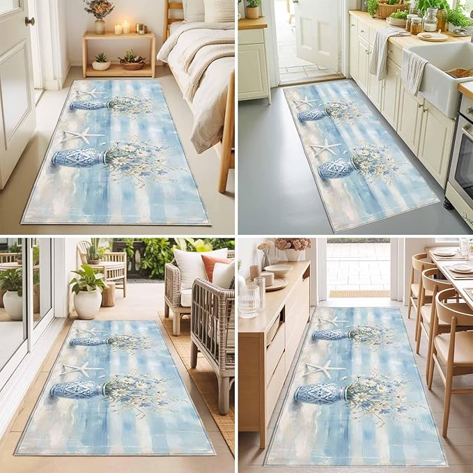 Runner Rug for Bedroom Hallway, Summer Beach Starfish Flower Kitchen Runner Rugs Area Rug 2x6ft, Marine Theme Daisy Vase Washable Soft Floor Carpet for Entryway Stair