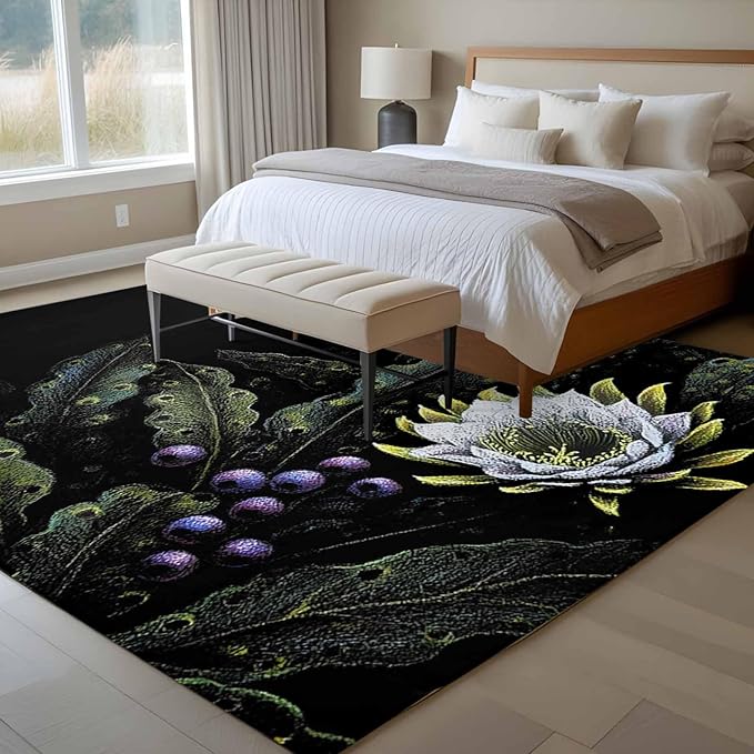 Area Rug 6x9ft, Watercolor Flower Berry Leaves Washable Rugs for Living Room Bedroom, Botanical Plant Dark Style Soft Non-Slip Area Rugs Rectangle Floor Carpet for Dining Room