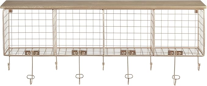 Linon Lanette Gold Metal Four Cubby Wall Shelf with Wood Shelf and Four Hooks
