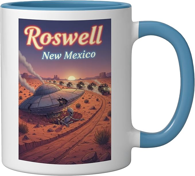 Roswell New Mexico UFO Crash in the Desert Alien Souvenir Ceramic Mug, Blue/White