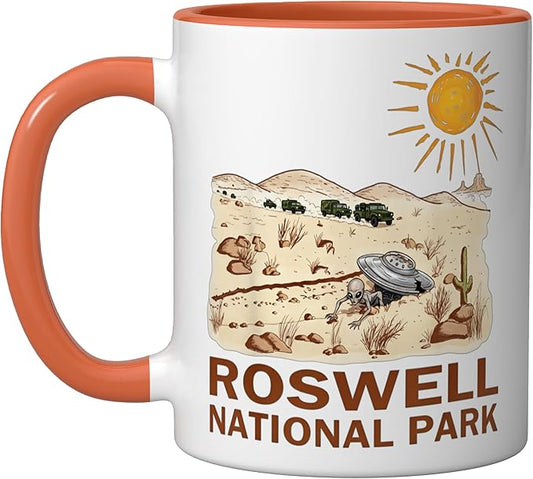 Roswell National Park UFO Flying Saucer Crash 1947 UAP Alien Ceramic Mug, Orange/White