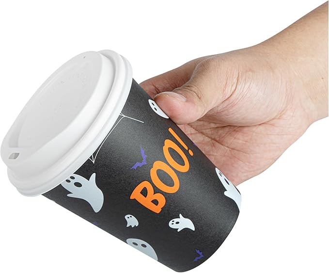 Restaurantware-Restpresso 12 Ounce Halloween Party Cups, 20 Disposable Hot Cups With Plastic Lids - Spooky Ghost Design, Rolled Rim, Black Paper Coffee Cups, Single Wall, Serve Hot And Cold Drinks