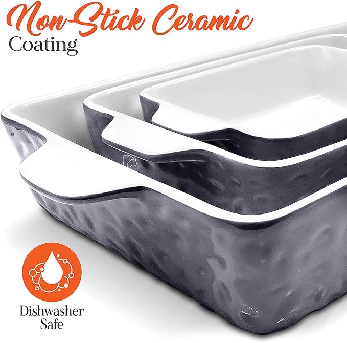 NutriChef 3-Piece Ceramic Casserole Dishes for Oven - Heavy Duty Rectangular Lasagna Baking Pans w/ Premium Nonstick Coating & Handles - PFOS, PTFE, PFOA Free - Microwave & Oven Safe, Royal Blue