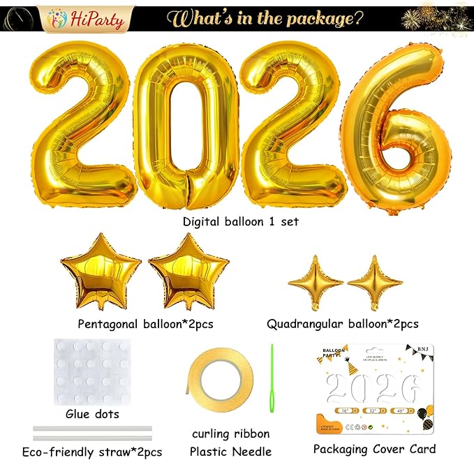 Upgraded, 42in Large 2026 Balloons, with 4pcs Star Balloon and Accessories, 3D Premium Aluminum Foil, Ideal Graduation Balloons for Graduation Decorations 2026, Grad Party Decorations, Gold