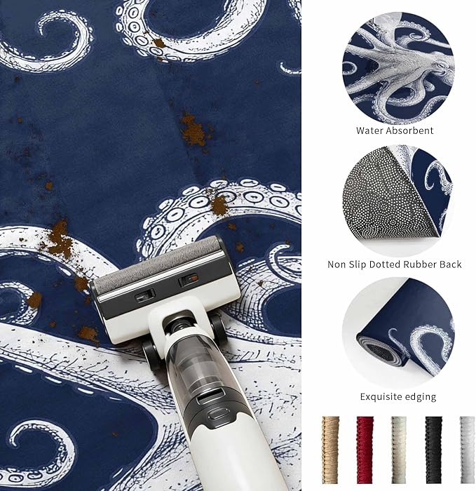 Area Rug 9x12ft, Underwater Ocean Giant Octopus Washable Rugs for Living Room Bedroom Rectangle Floor Carpet, Navy Blue White Marine Life Soft Non-Slip Area Rugs for Dining Room