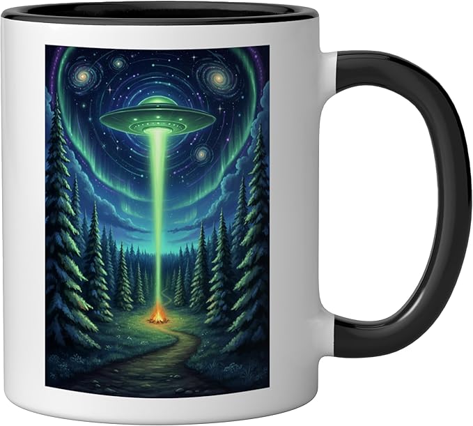 UFO in Forest Campfire Nature Camping Flying Saucer UAP Ceramic Mug, Black/White