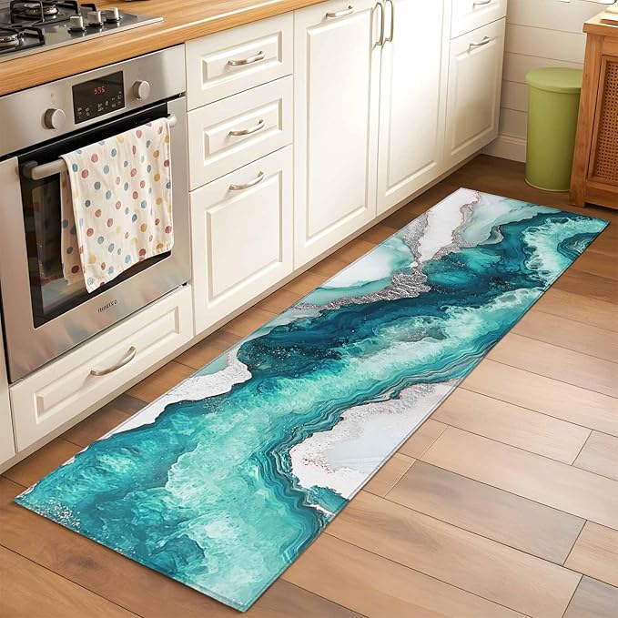 Runner Rug for Bedroom Hallway, Abstract Blue Marble Texture Kitchen Runner Rugs Area Rug 2x6ft, Modern Luxury Pattern Washable Soft Floor Carpet for Entryway Stair