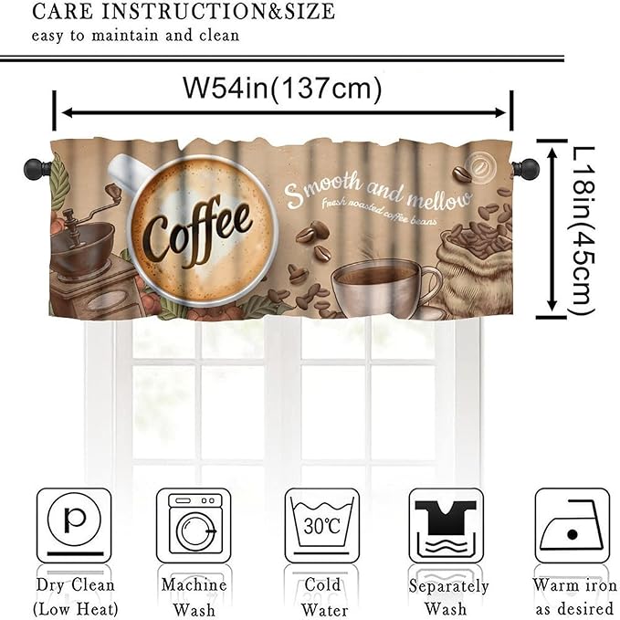 Vintage Coffee Valance, Fresh Roasted Coffee Beans Farmhouse Short Window Treatment for Cafe Kitchen Dining Room Resturant Bedroom Living Room, 54x18Inch