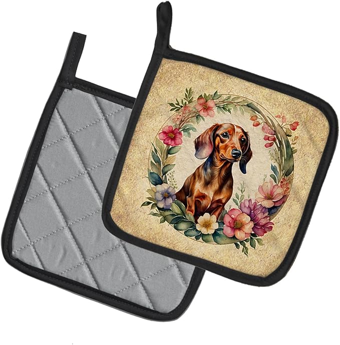 Caroline's Treasures Dachshund and Flowers Pair of Pot Holders Kitchen Heat Resistant Pot Holders Sets Oven Hot Pads for Cooking Baking BBQ, 7 1/2 x 7 1/2