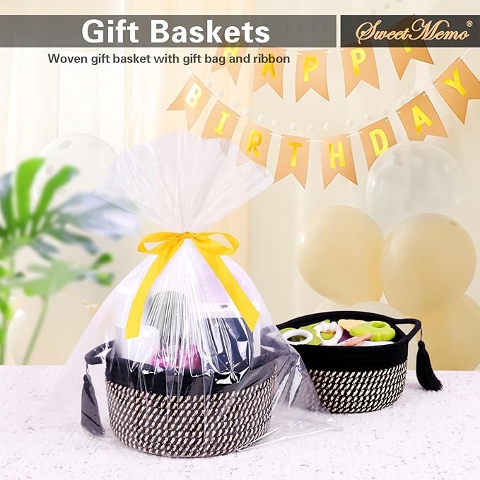 Small Empty Gift Basket to Fill with Handles, Little Cute Woven Baskets for Man, Boys Gifting – Mini Storage Bin for office Desk, Bathroom, Plant Decor with Gift Bag & Ribbon – Black Brown