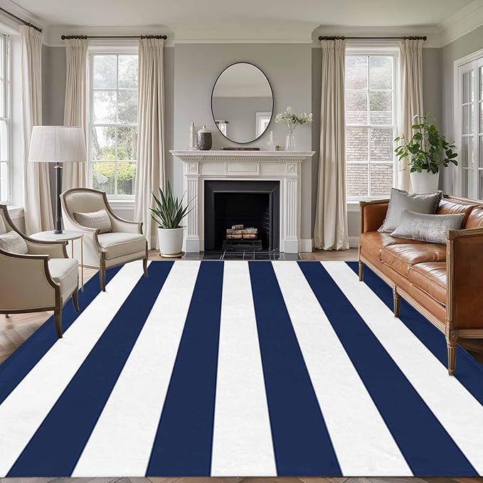 Area Rug 6x9ft, Nautical Black and White Stripes Washable Rugs for Living Room Bedroom, Striped Soft Non-Slip Area Rugs Rectangle Floor Carpet for Dining Room