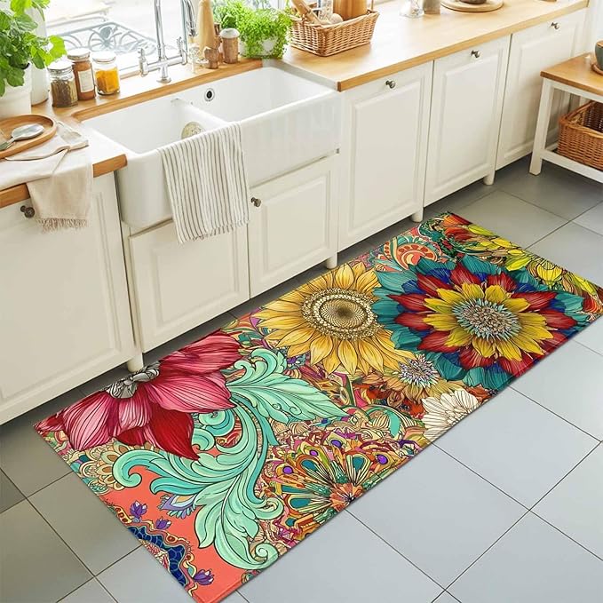Runner Rug for Bedroom Hallway, Boho Colorful Blossom Flower Kitchen Runner Rugs Area Rug 2x6ft, Country Retro Ethnic Floral Washable Soft Floor Carpet for Entryway Stair