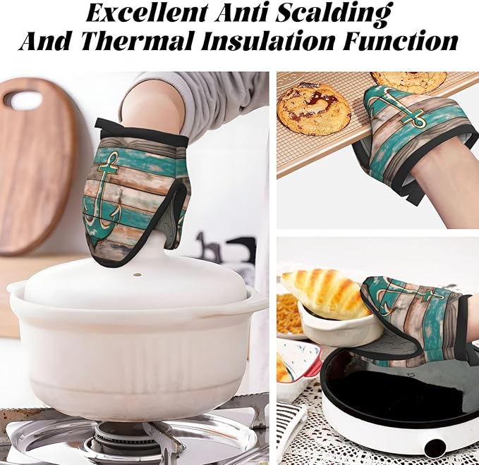 1 Pcs Mini Silicone Oven Mitts Funny Anchor Heat Resistant Grill Gloves with Hanging Loop, Sea Wooden Short Kitchen Mittens for Cooking Baking BBQ