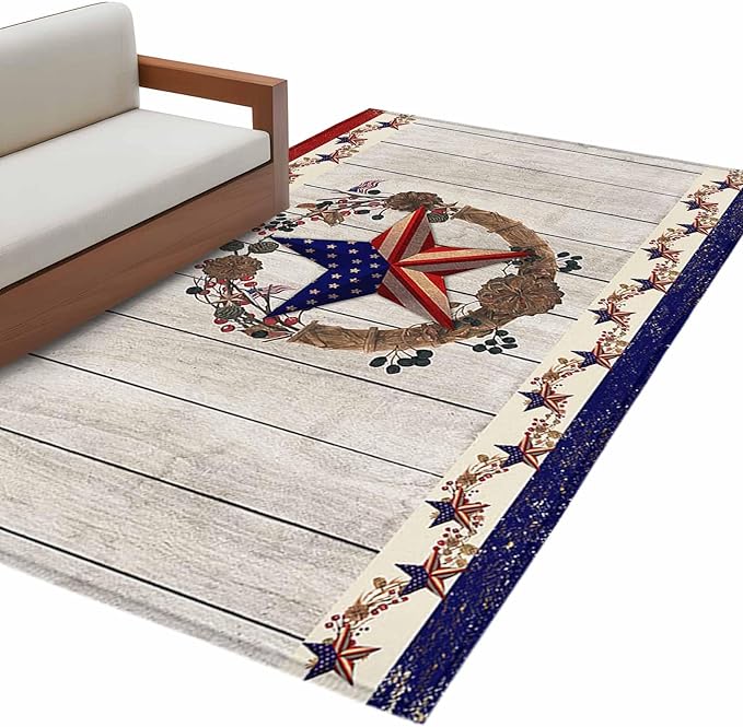 Area Rug 3x5ft, Retro USA Flag Star and Berry Washable Rugs for Living Room Bedroom, Wooden Texture Soft Non-Slip Area Rugs Rectangle Floor Carpet for Dining Room