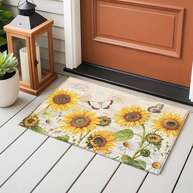 Sunflower Farmhouse 2x3 Door Mat Rug, Retro Floral Butterflies Non-Skid Rubber Backing Large Rectangle Rugs - Living Room Bedroom Home Office, Spring Summer Indoor Floor Mat Carpets Washable Rug
