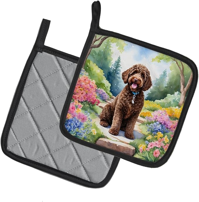 Caroline's Treasures Labradoodle Spring Path Pair of Pot Holders Kitchen Heat Resistant Pot Holders Sets Oven Hot Pads for Cooking Baking BBQ, 7 1/2 x 7 1/2