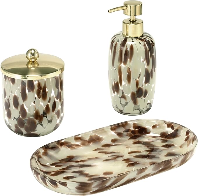 Nicole Miller – Vanity Accessory Set, Substantially Weighted Glass with Abstract Animal Print Design, Decorative Lotion Pump, Vanity Tray, & Covered Jar (Safari)