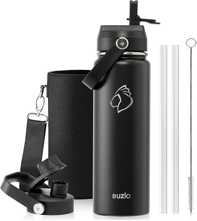 BUZIO 24 oz Insulated Water Bottle, Stainless Steel Wide Mouth Water Flask with Straw Lid, Cold for 48 Hrs Leak Proof Metal Hydro Thermo Canteen Mug, Black