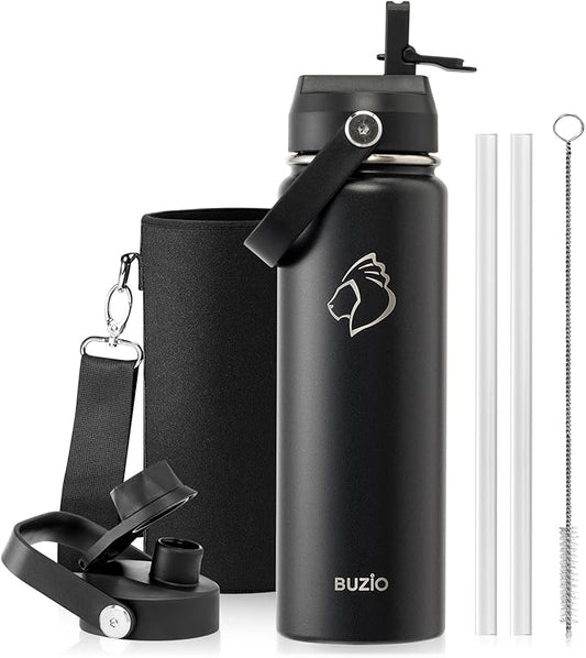 BUZIO 24 oz Insulated Water Bottle, Stainless Steel Wide Mouth Water Flask with Straw Lid, Cold for 48 Hrs Leak Proof Metal Hydro Thermo Canteen Mug, Black