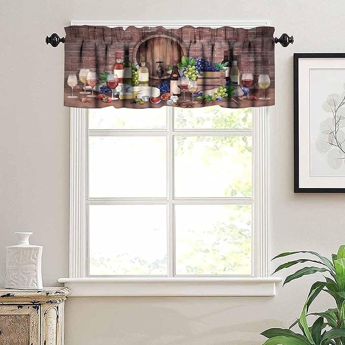 Rustic Wine Cellar Curtain Valance, Watercolor Wine Cheese Party Backdrop Farm Decor Short Window Drapes for Kitchen Dining Bedroom Living Room Bar, 54x18Inch