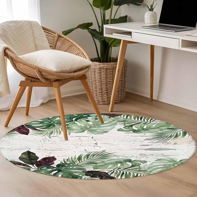Washable Round Area Rug Summer Green Monstera Palm Leaves Circle Rugs Floor Carpet for Living Room Bedroom, Vintage Botantical Soft Non Slip Round Rug 3ft
