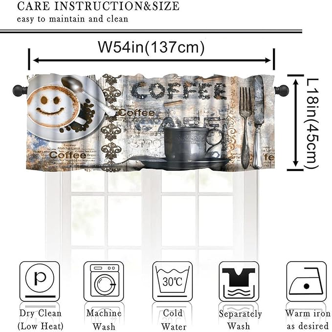 Retro Coffee Valance Curtain, Smiley Latte Art Coffee Typography Cups Wooden Farmhouse Small Window Treatment for Kitchen Cafe Bedroom Dining Living Room Home Decor, 54x18Inch
