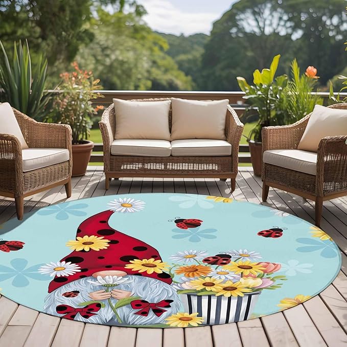 Washable Round Area Rug Summer Ladybug Gnome Daisy Flower Circle Rugs Floor Carpet for Living Room Bedroom, Watercolor Bloom Floral on Blue Soft Non Slip Round Rug 5ft