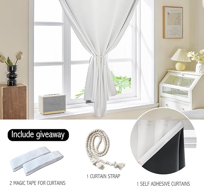 AJAZZ self Adhesive Portable 100% Blackout Curtains Simple and Easy to installBedroom Window Thermal Lnsulated Kitchen Room Darkening Black Small Drapes 1-Pack
