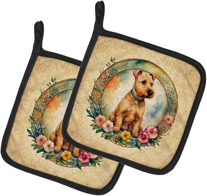 Caroline's Treasures Lakeland Terrier and Flowers Pair of Pot Holders Kitchen Heat Resistant Pot Holders Sets Oven Hot Pads for Cooking Baking BBQ, 7 1/2 x 7 1/2