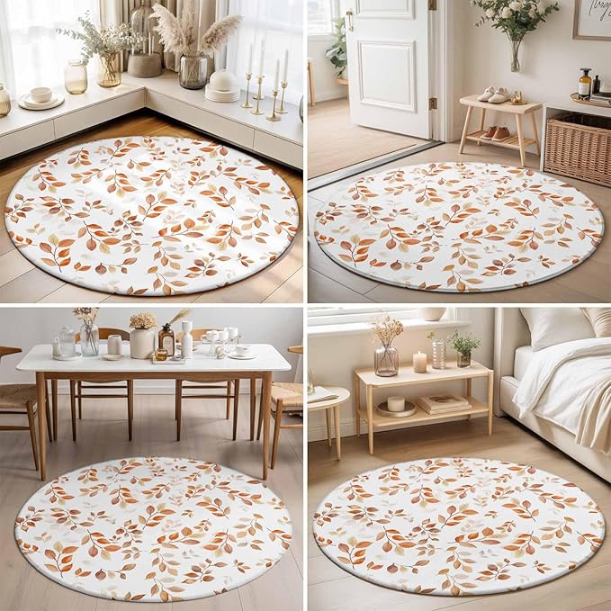 Washable Round Area Rug Autumn Orange Leaf Botanical Circle Rugs Floor Carpet for Living Room Bedroom, Abstract Vine Pattern Soft Non Slip Round Rug 3ft