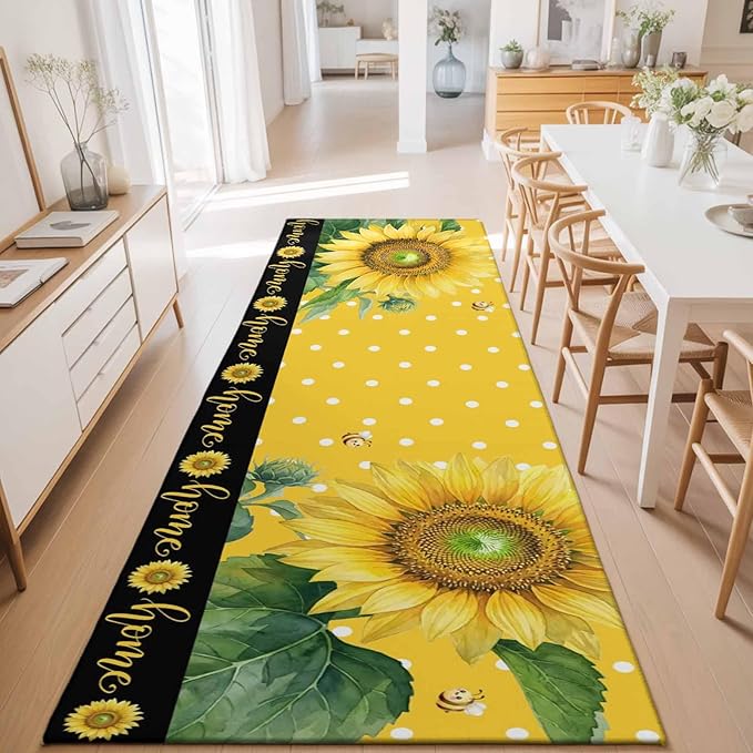 Runner Rug for Bedroom Hallway, Summer Watercolor Sunflowers Bees Kitchen Runner Rugs Area Rug 2x6ft, Farmhouse Floral Art Washable Soft Floor Carpet for Entryway Stair