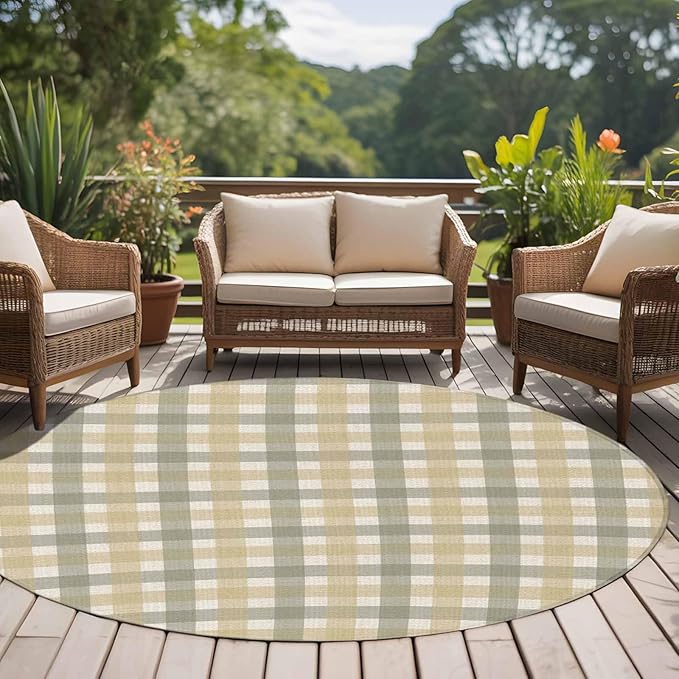 Washable Round Area Rug Farmhouse Vintage Beige Tan Buffalo Plaid Circle Rugs Floor Carpet for Living Room Bedroom, Rustic Linen Soft Non Slip Round Rug 5ft