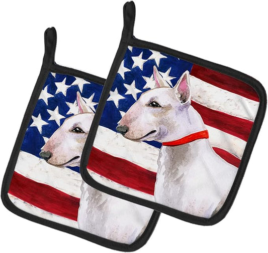 Caroline's Treasures BB9693PTHD Bull Terrier Patriotic Pair of Pot Holders Kitchen Heat Resistant Pot Holders Sets Oven Hot Pads for Cooking Baking BBQ, 7 1/2 x 7 1/2