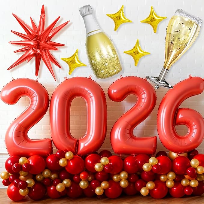 Red 2026 Balloons, 40 Inch Number 2026 Red Foil Balloons, Red and Gold Star Balloon with Champagne Bottle Glass Balloon for Happy New Years Eve Party Supplies 2026 Class of 2026 Graduation Decorations