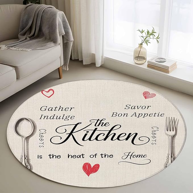 Washable Round Area Rug Spoon Fork Vintage Farmhouse Circle Rugs Floor Carpet for Living Room Bedroom, Abstract Love Retro Linen Soft Non Slip Round Rug 3ft