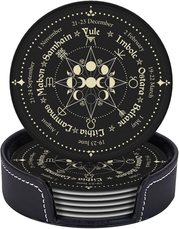 Mystic Witchy Leather Drinks Coasters with Holder, Set of 6, Suitable for Various Cups