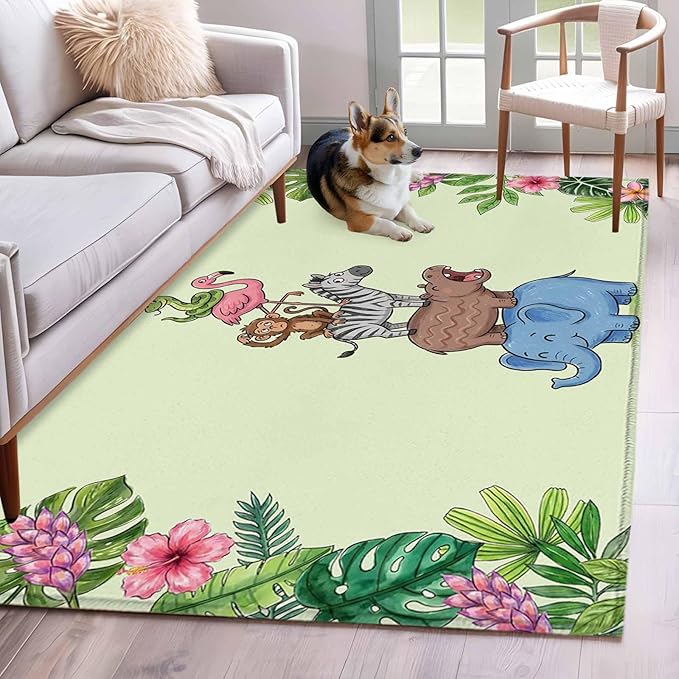 Area Rug 3x5ft, Funny Elephant Zebra Flamingo Washable Rugs for Living Room Bedroom, Tropical Leaves Floral Soft Non-Slip Area Rugs Rectangle Floor Carpet for Dining Room