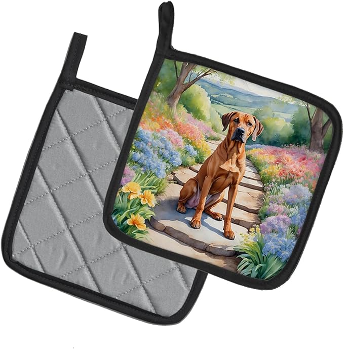 Caroline's Treasures Rhodesian Ridgeback Spring Path Pair of Pot Holders Kitchen Heat Resistant Pot Holders Sets Oven Hot Pads for Cooking Baking BBQ, 7 1/2 x 7 1/2
