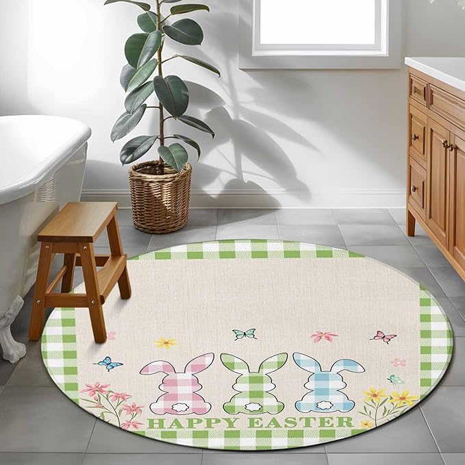 Washable Round Area Rug Happy Easter Bunny Shadow Flowers Circle Rugs Floor Carpet for Living Room Bedroom, Retro Linen Cotton and Grid Soft Non Slip Round Rug 3ft