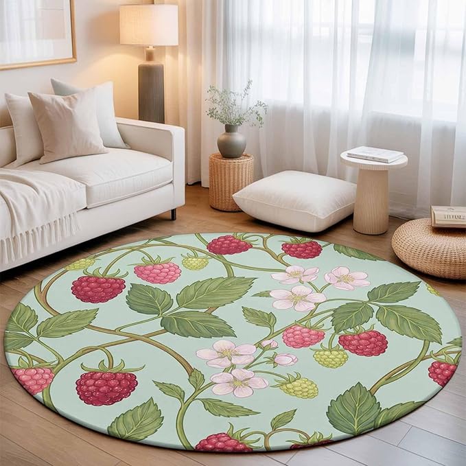 Washable Round Area Rug Farmhouse Berry Red Pink Blossoms Flower Circle Rugs Floor Carpet for Living Room Bedroom, Green Leaves Soft Non Slip Round Rug 5ft